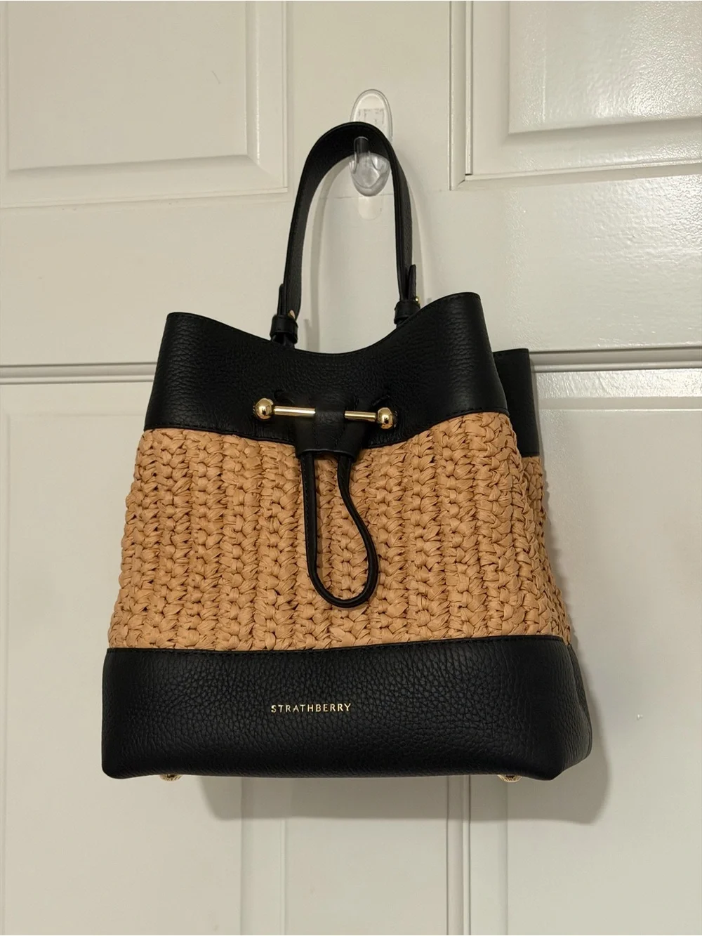 Strathberry Osette Midi in Raffia with Black leather